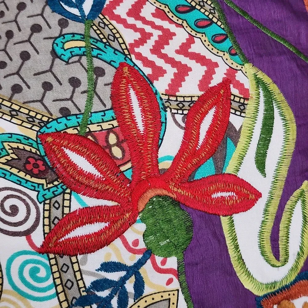 Pier 1 Boho Embroidered Silk Throw Pillow Purple Floral Patchwork Applique